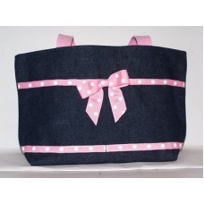 Denim Tote Bag" with Light Pink Ribbon Trim